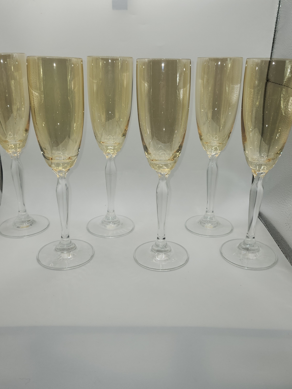 Vintage Pier 1 P1C1 Amber Fluted Champagne Glasses Iridescent Gold Luster Set 6